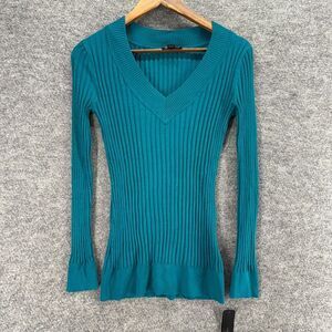 New AB Studio Sweater Pullover Women M Medium Blue Knit V-Neck Long Sleeve Rayon